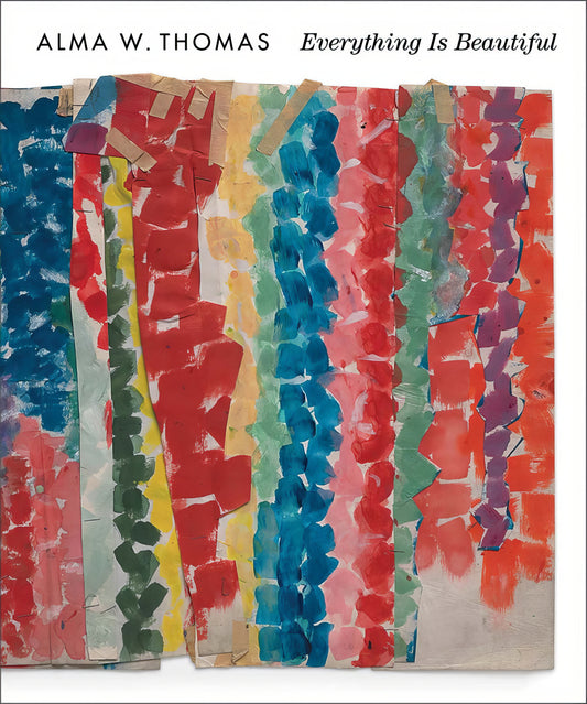 Colorful abstract artwork with text 'Alma W. Thomas Everything Is Beautiful' on a white background