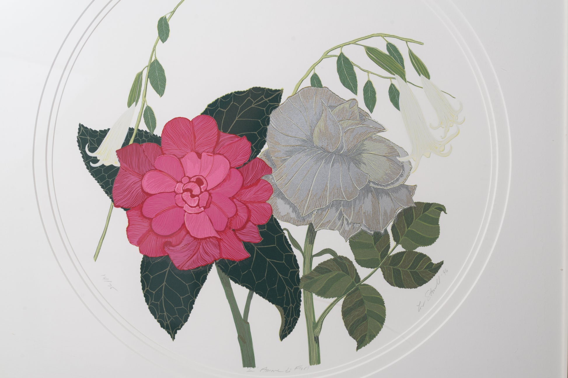Decorative floral design with pink, gray, and white flowers on a white background