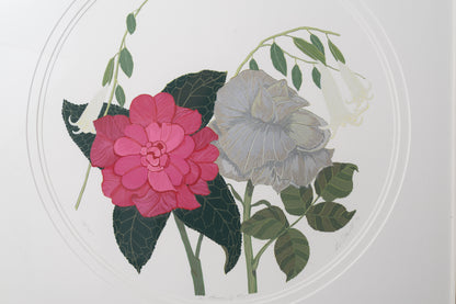Decorative floral design with pink, gray, and white flowers on a white background