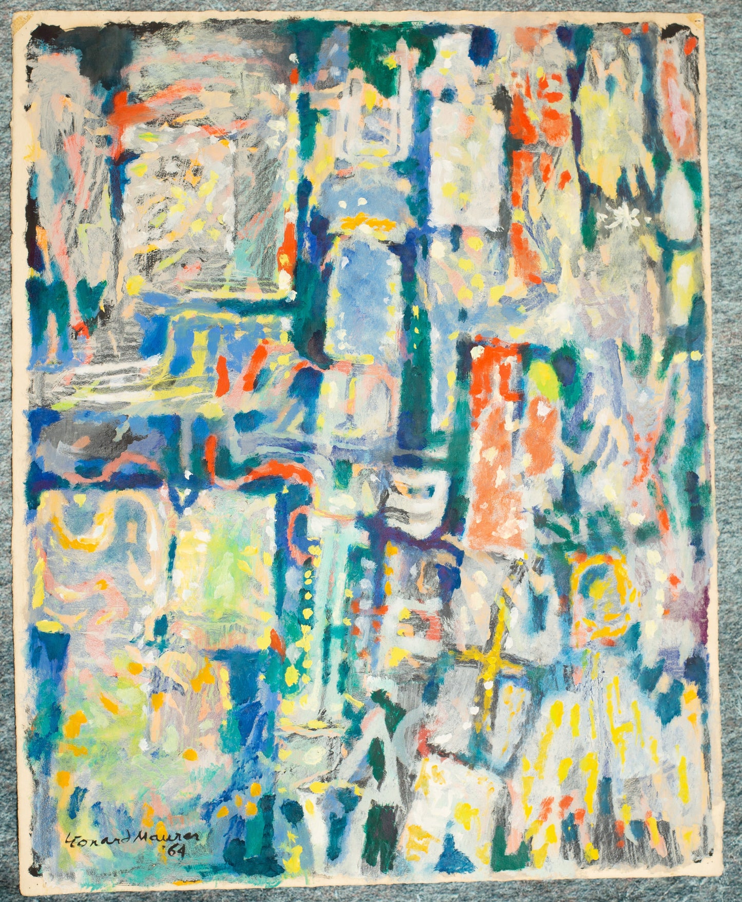 Abstract artwork with colorful brush strokes on a textured surface