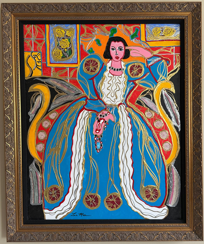 Lisa Mee "Woman In A Blue Dress" Mixed Media Painting 29.5x35.5”