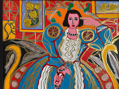 Lisa Mee "Woman In A Blue Dress" Mixed Media Painting 29.5x35.5”