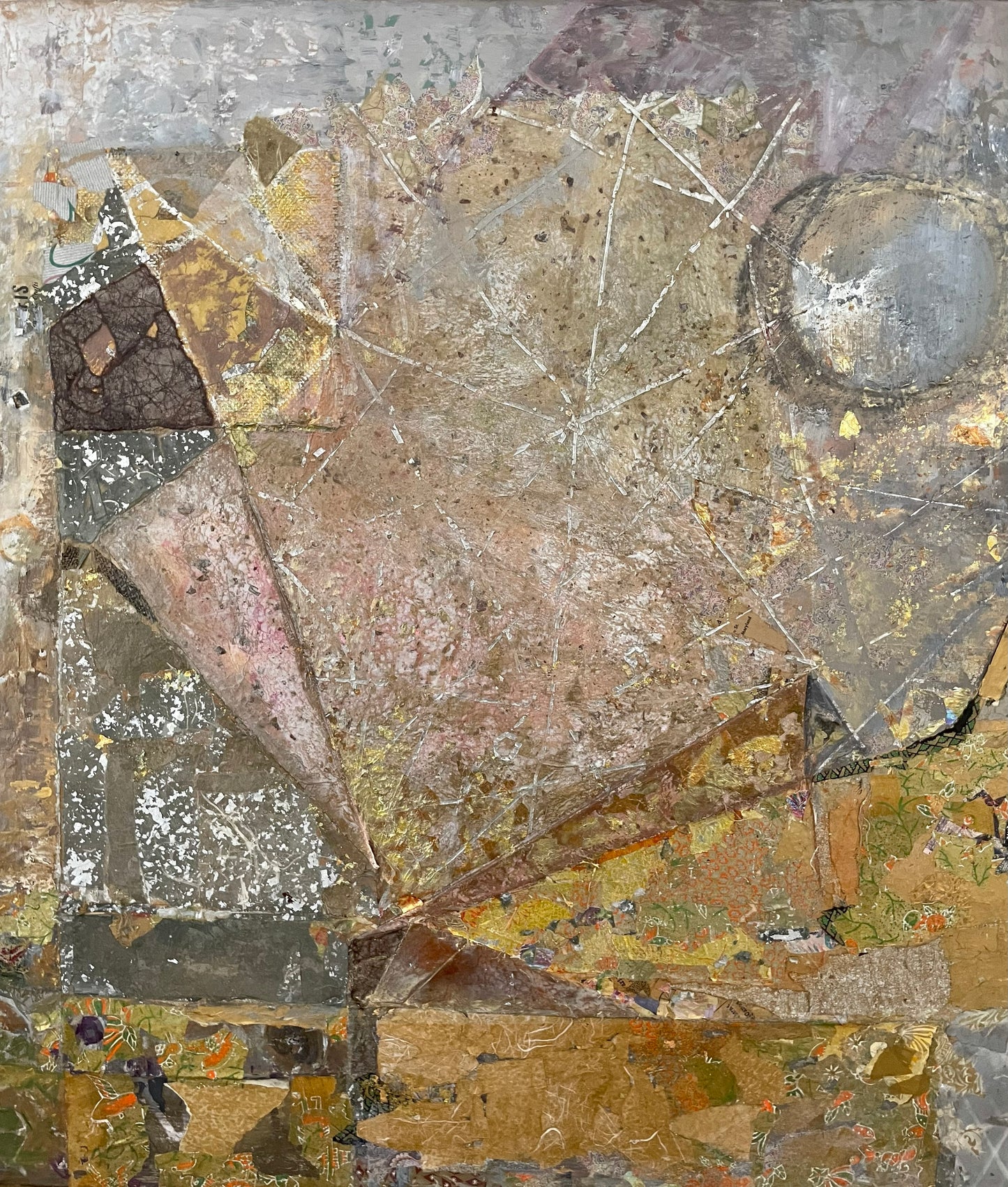 Abstract artwork with textured surface and geometric shapes
