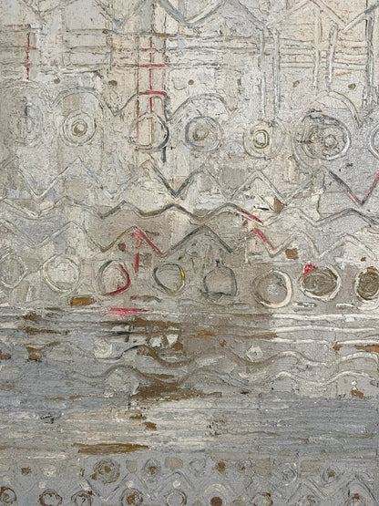 Abstract textured artwork with geometric patterns and neutral colors