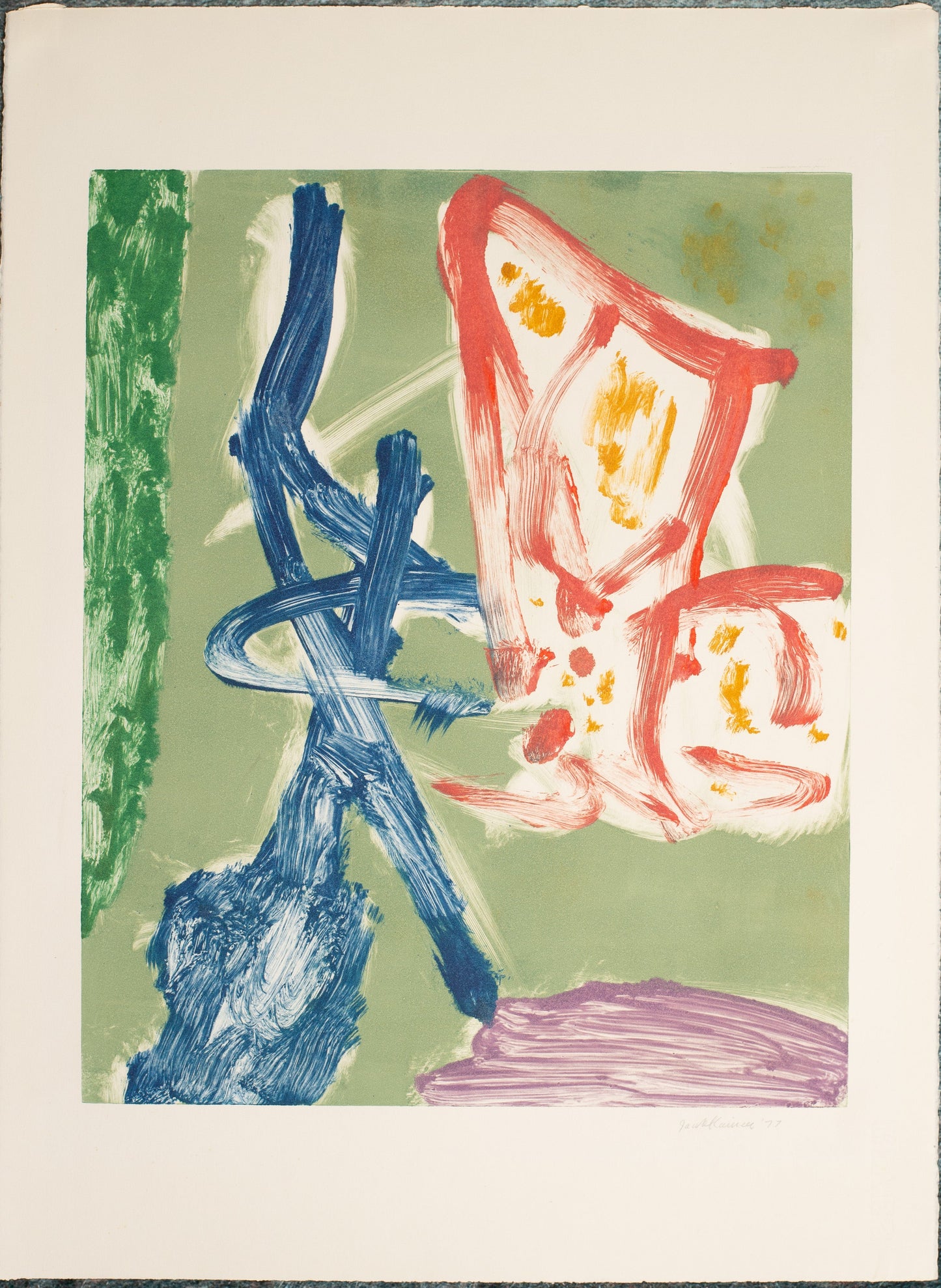 Abstract artwork with blue and pink shapes on a textured surface