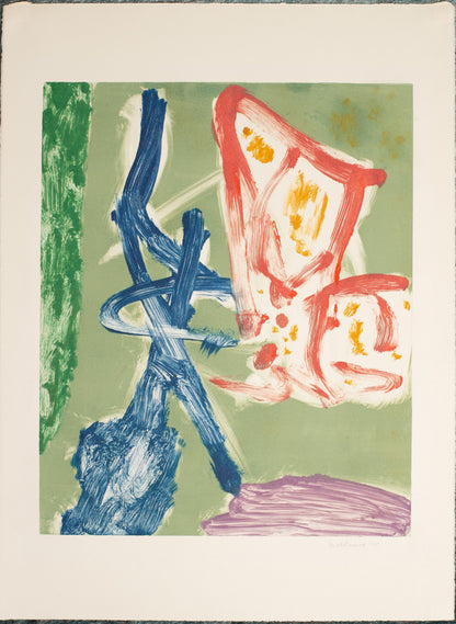 Abstract artwork with blue and pink shapes on a textured surface