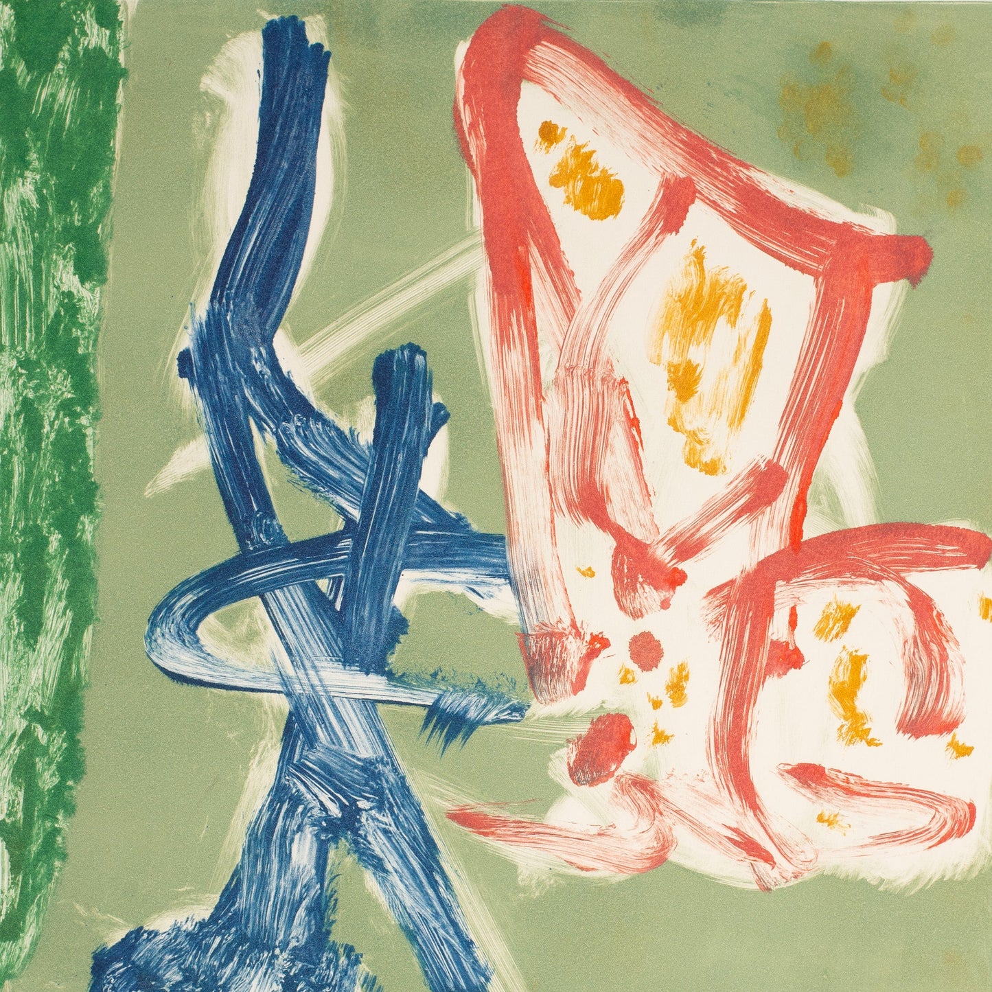 Abstract artwork with blue, red, and white elements on a green background