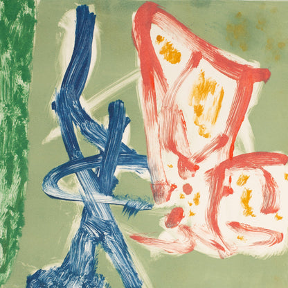Abstract artwork with blue, red, and white elements on a green background
