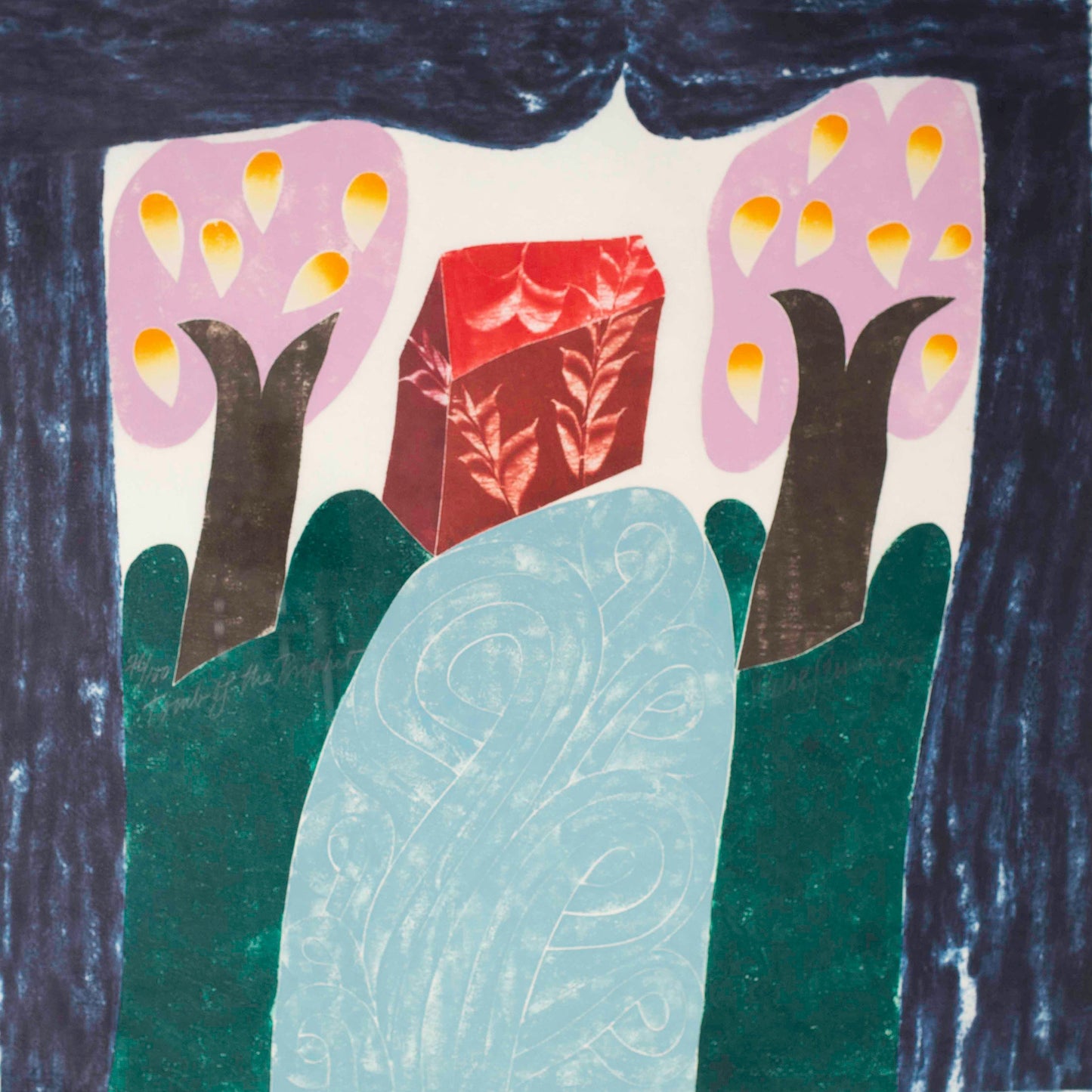 Abstract artwork with trees and a rock in a gold frame