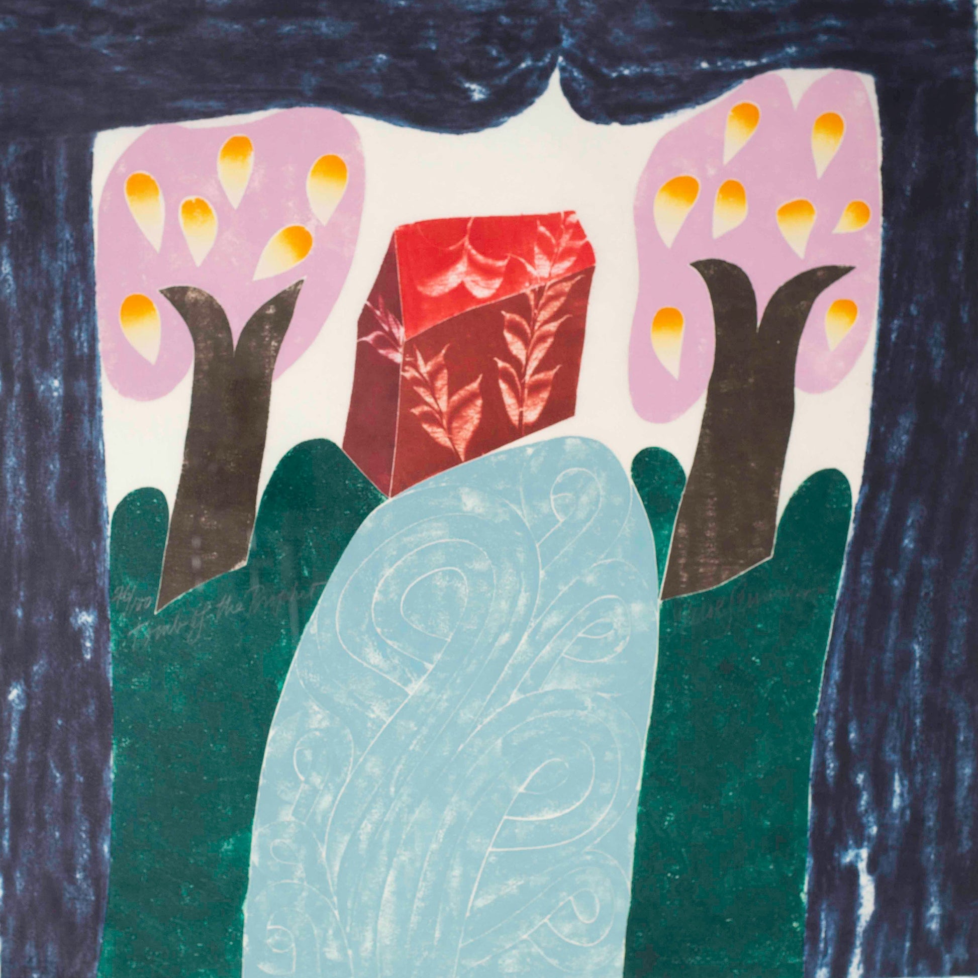 Abstract artwork with trees and a rock in a gold frame