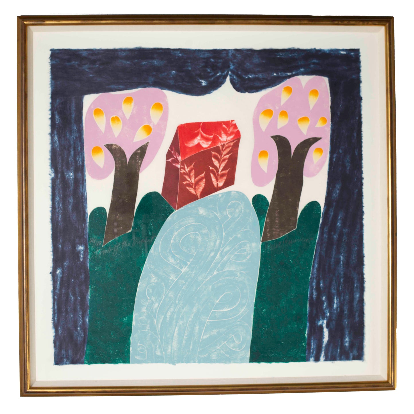 Abstract artwork with trees and a rock in a gold frame