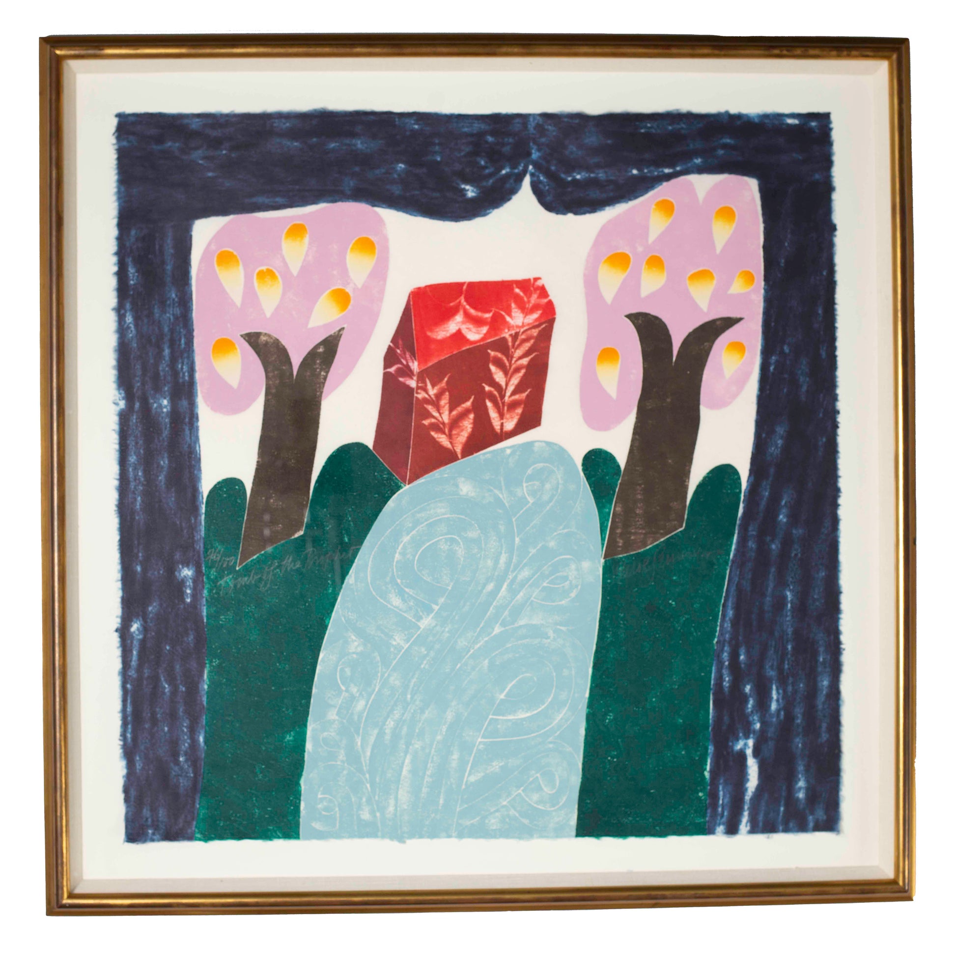 Abstract artwork with trees and a rock in a gold frame