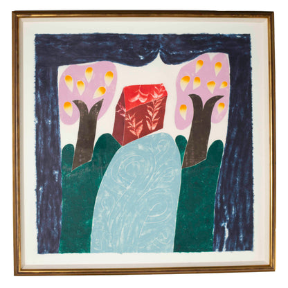 Abstract artwork with trees and a rock in a gold frame
