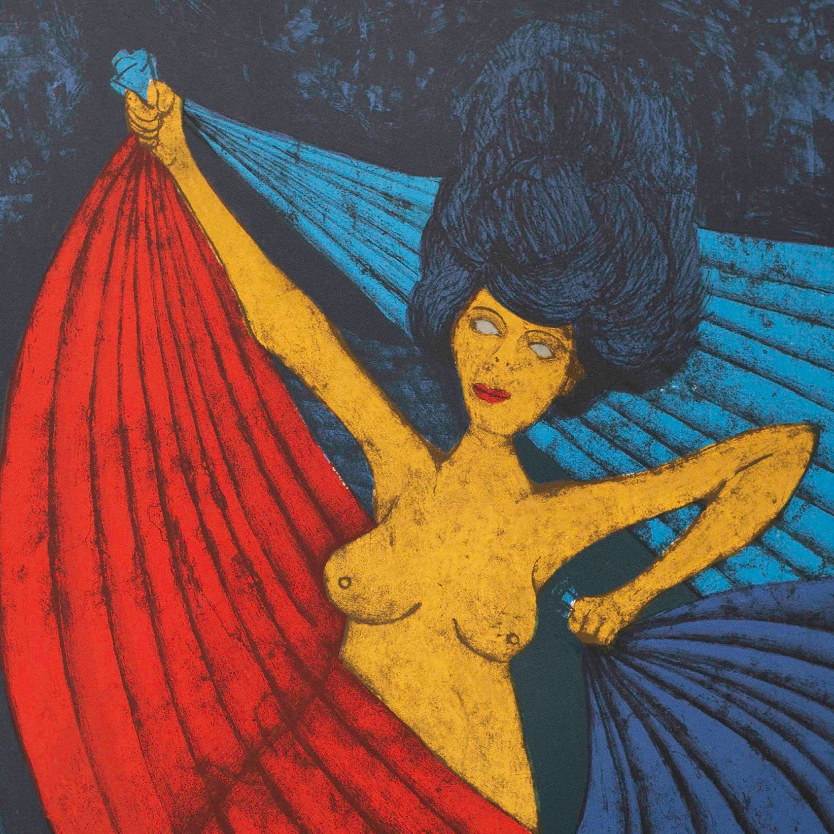 Artistic depiction of a woman holding red and blue fans against a dark background