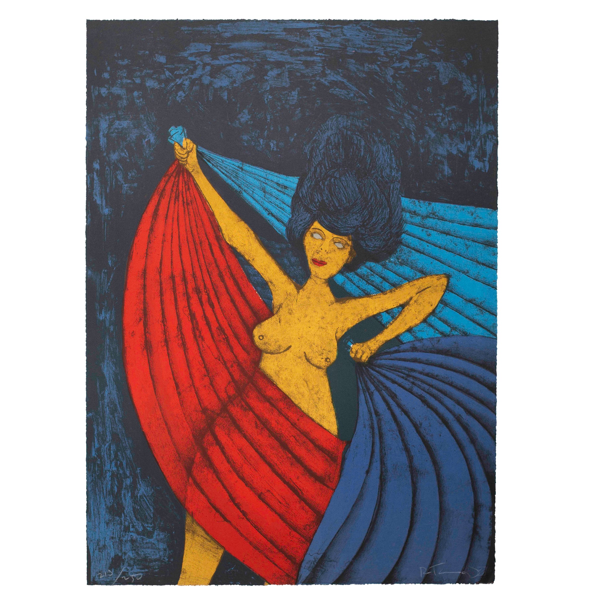 Artistic depiction of a woman holding red and blue fans against a dark background