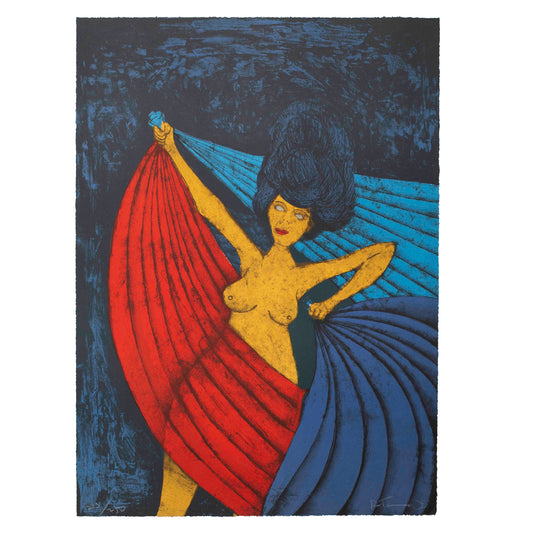 Artistic depiction of a woman holding red and blue fans against a dark background