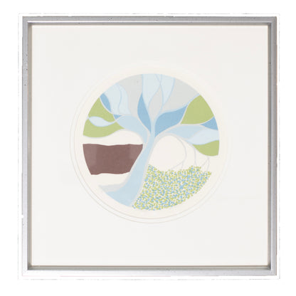 Framed artwork of a stylized tree with abstract leaves on a white background