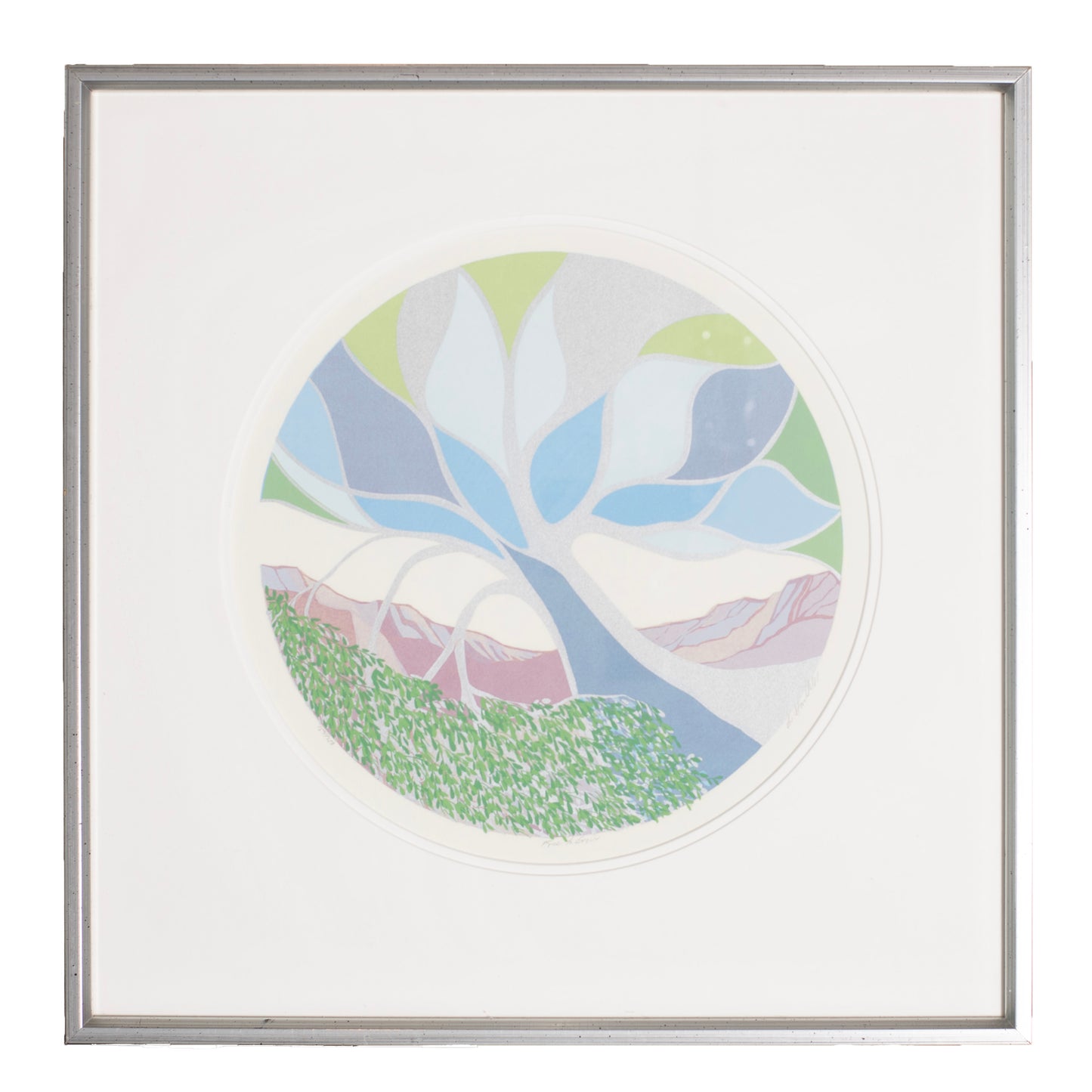 Framed abstract artwork with pastel colors on a white background