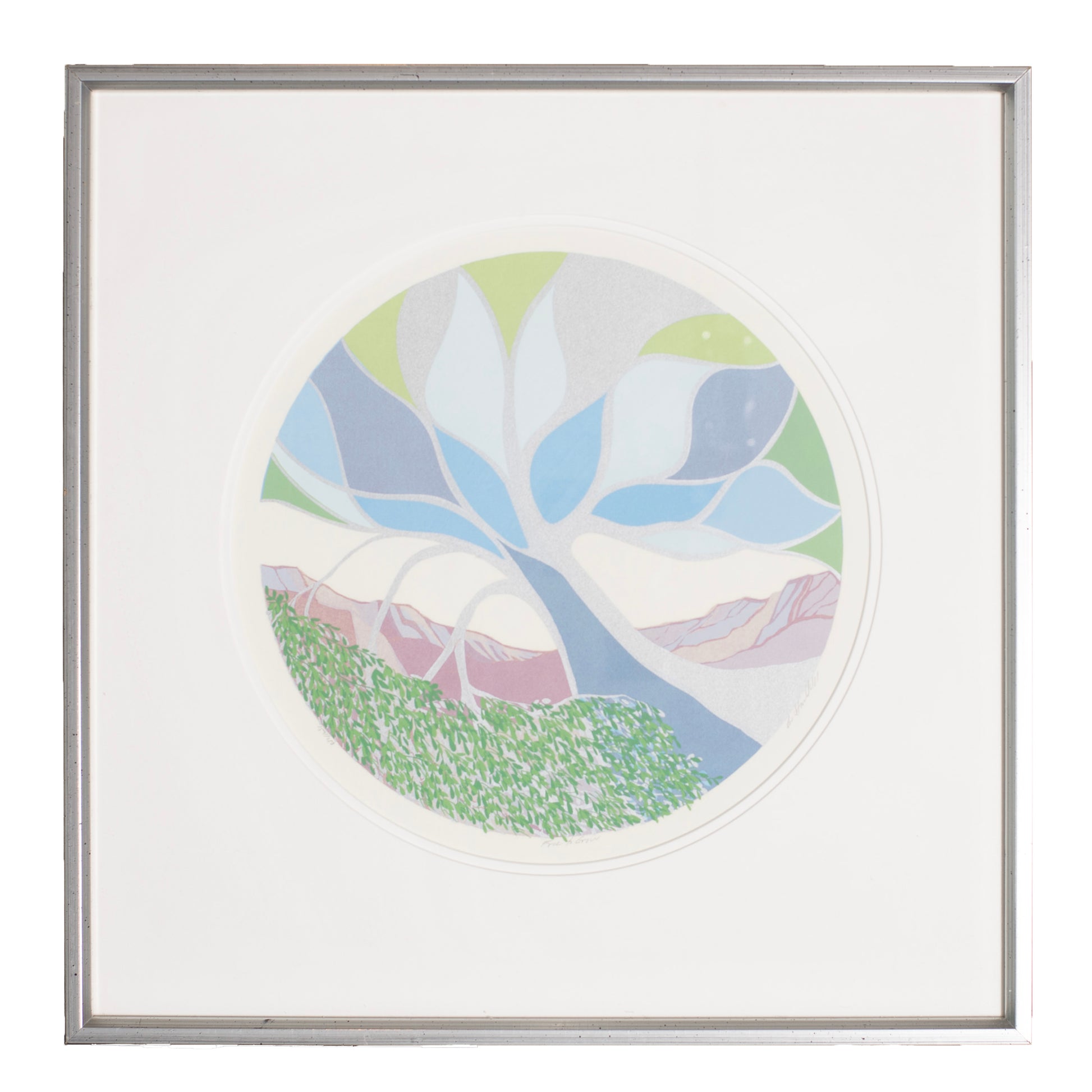 Framed abstract artwork with pastel colors on a white background