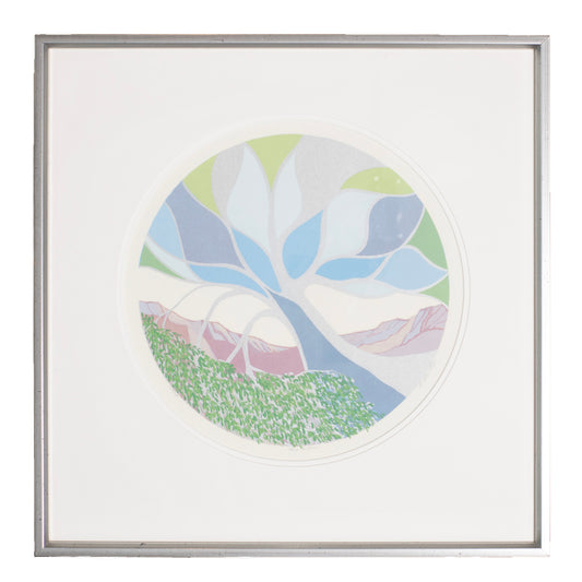 Framed abstract artwork with pastel colors on a white background