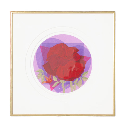 Framed artwork with red roses and a purple circle on a white background