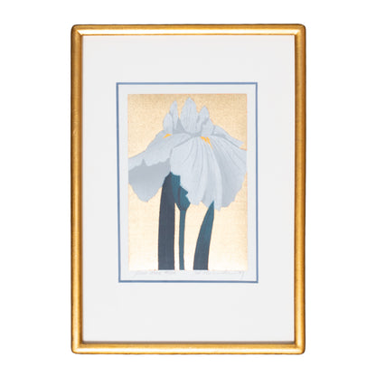 Framed artwork of a white flower with a gold frame on a white background