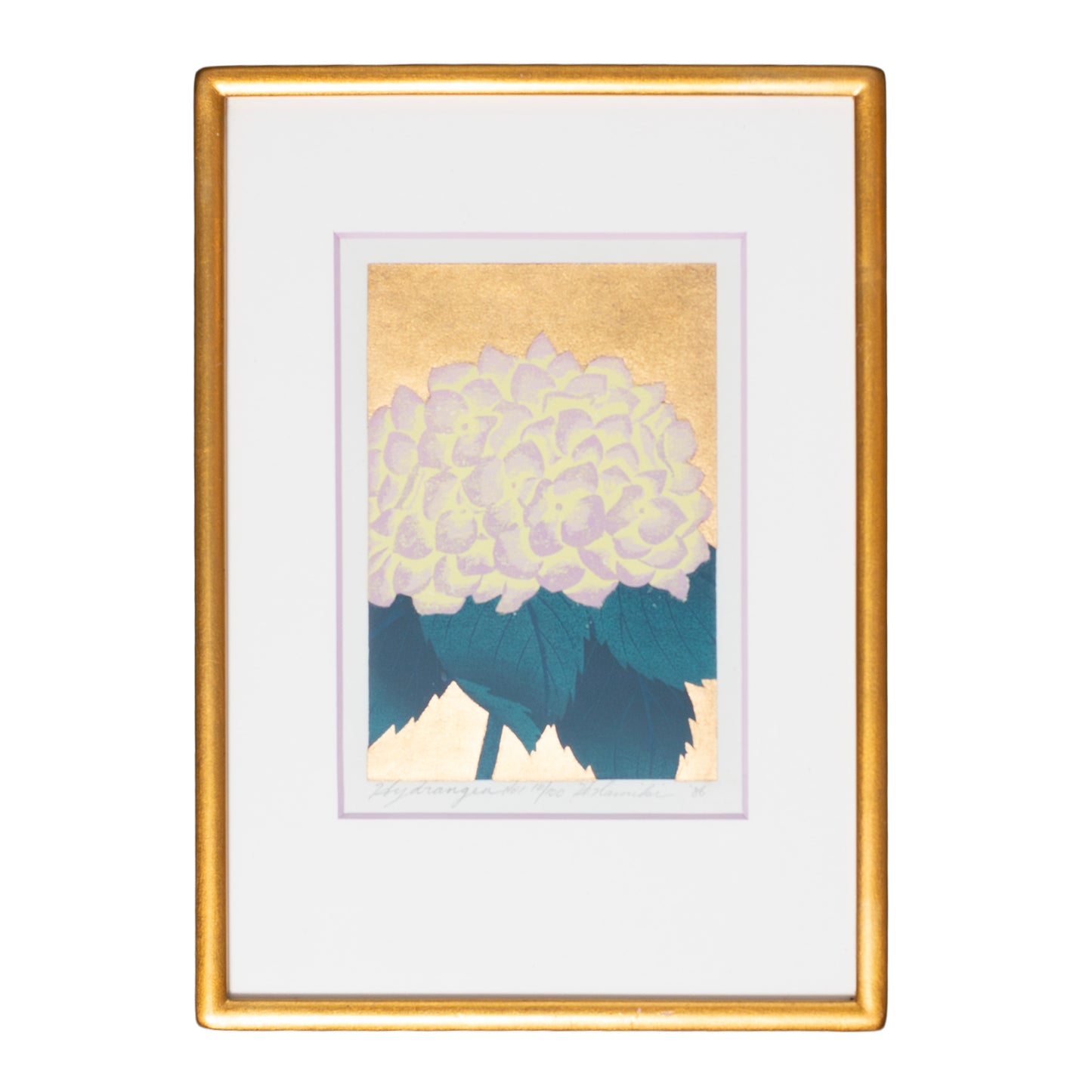 Framed artwork of a floral design with a gold frame on a white background