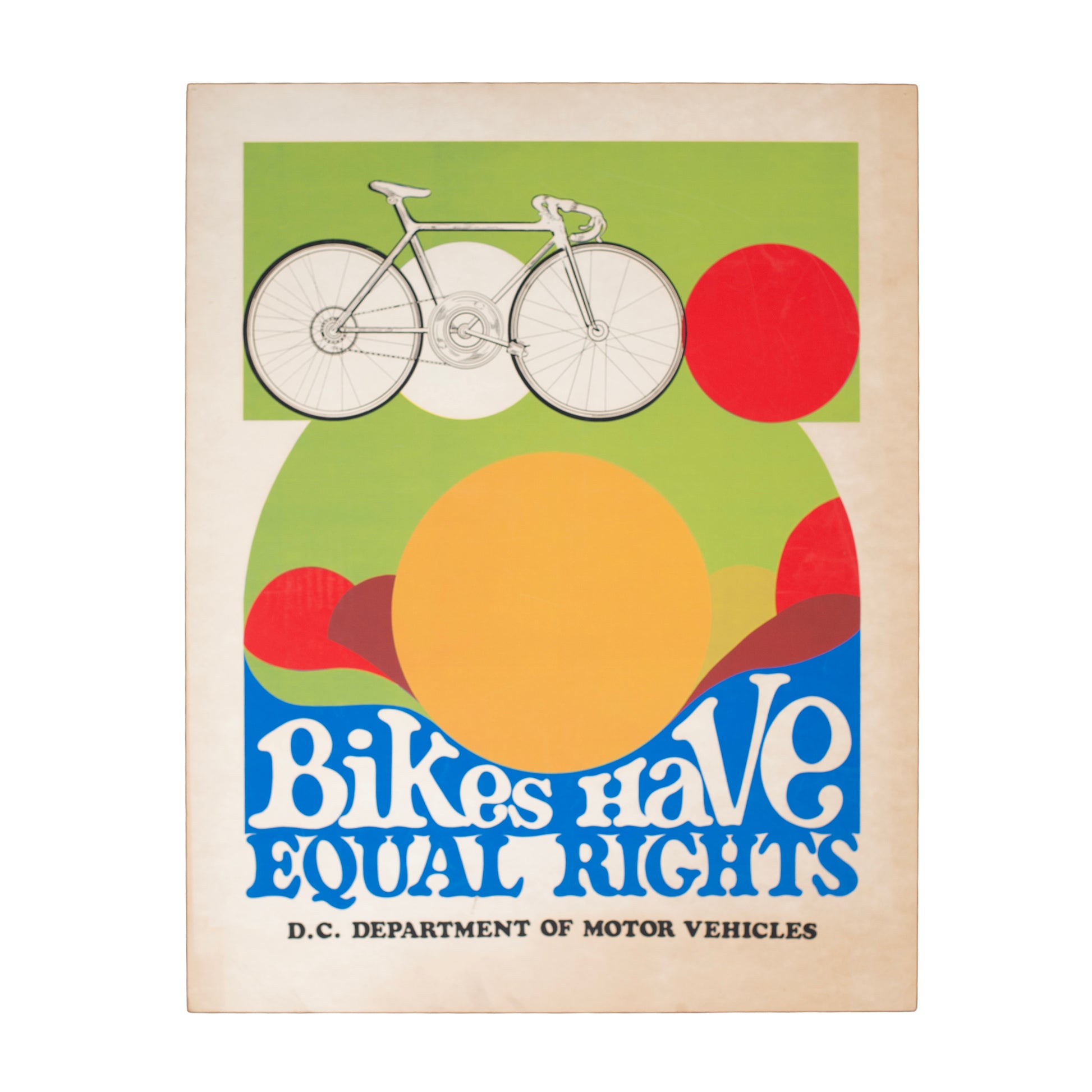 Poster with a bicycle illustration and text 'Bikes have equal rights' on a green and beige background.