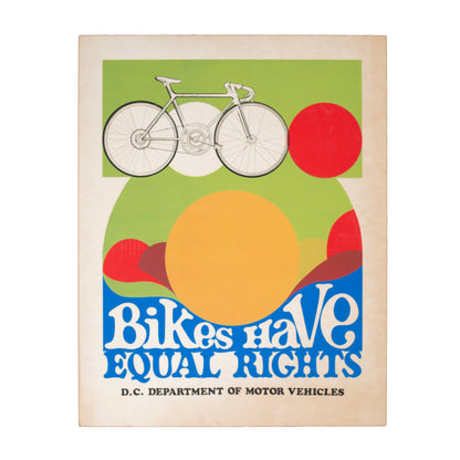 Poster with a bicycle illustration and text 'Bikes have equal rights' on a green and beige background.