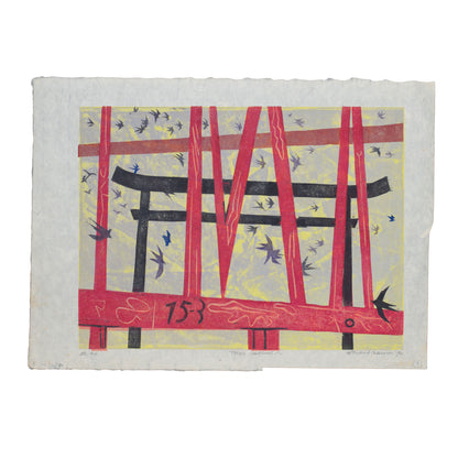 Abstract artwork with red and black elements on a textured white background
