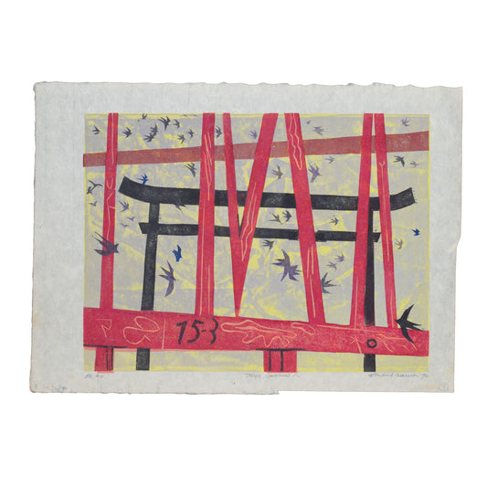 Abstract artwork with red and black elements on a textured white background