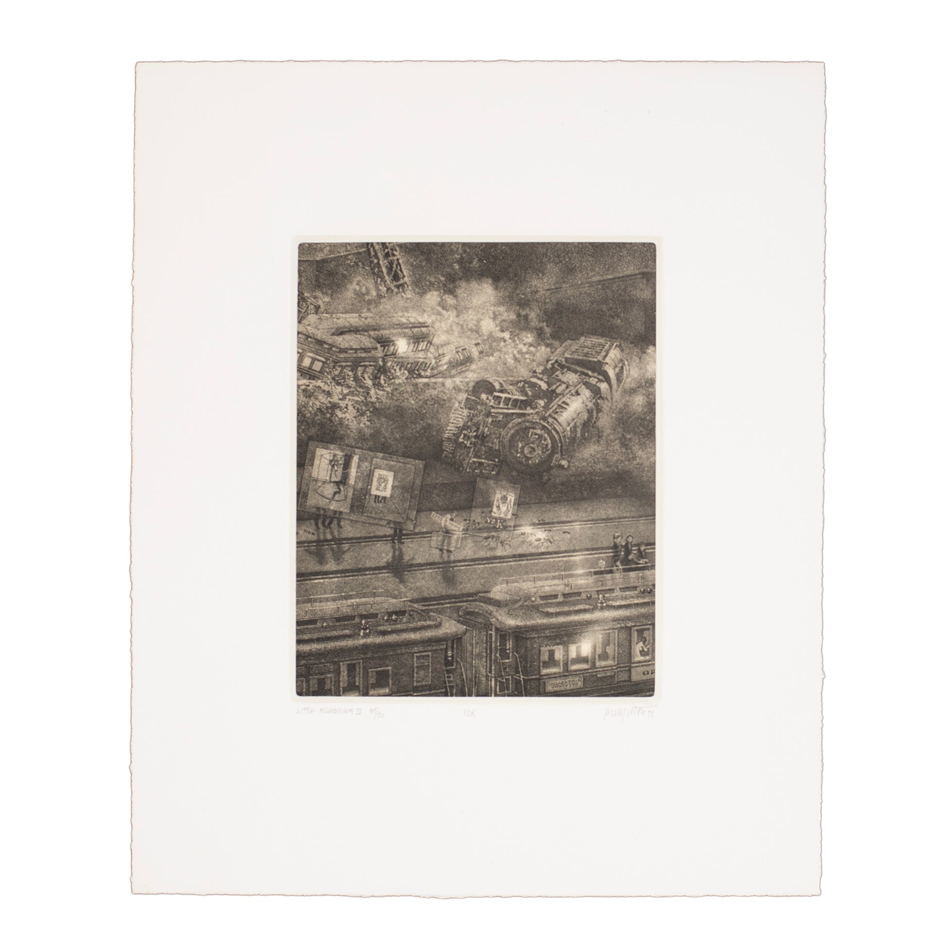 Art print of derailed train. 
