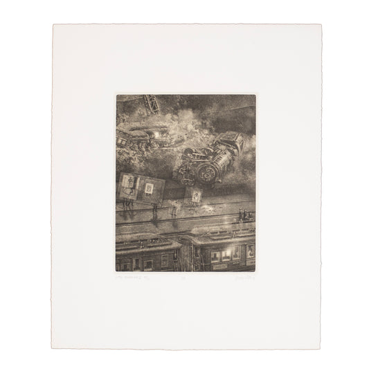 Art print of derailed train. 