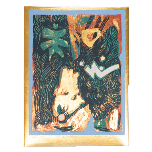Abstract woodblock print with gold red and green colors. 