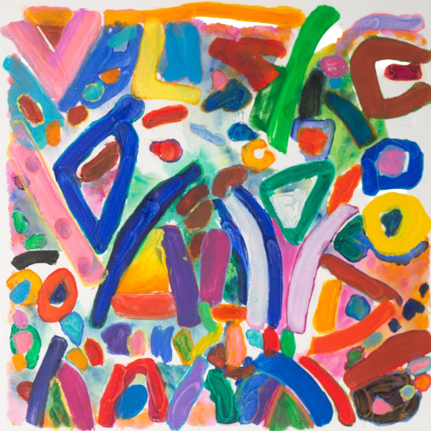 Abstract artwork with colorful shapes and lines on a white background