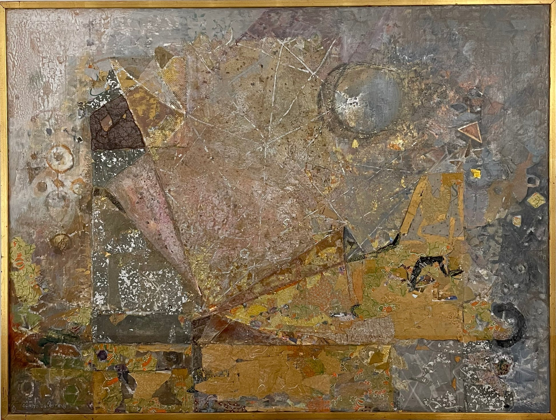 Abstract art piece with various textures and colors in a gold frame