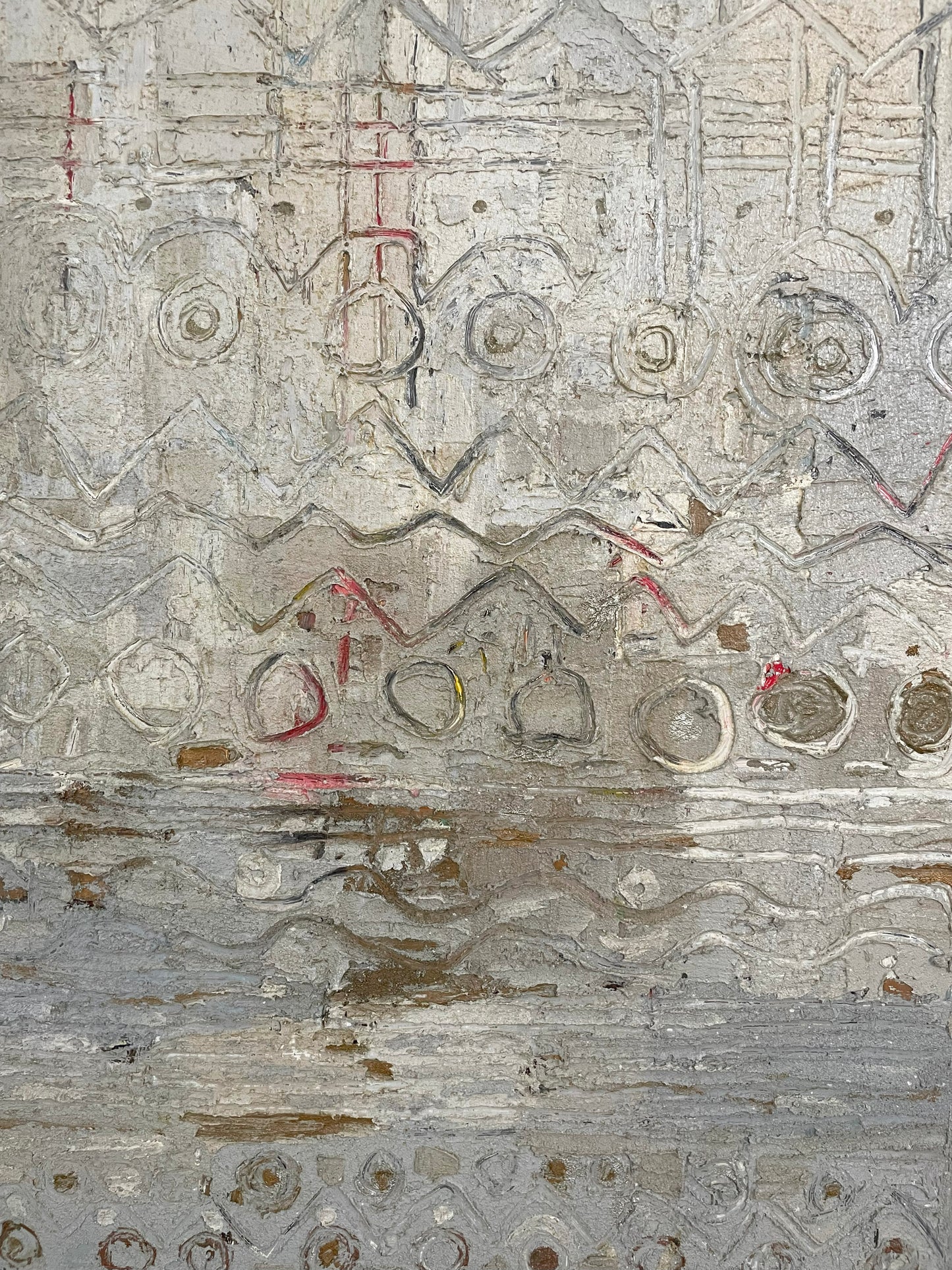 Abstract textured artwork with geometric patterns and neutral colors